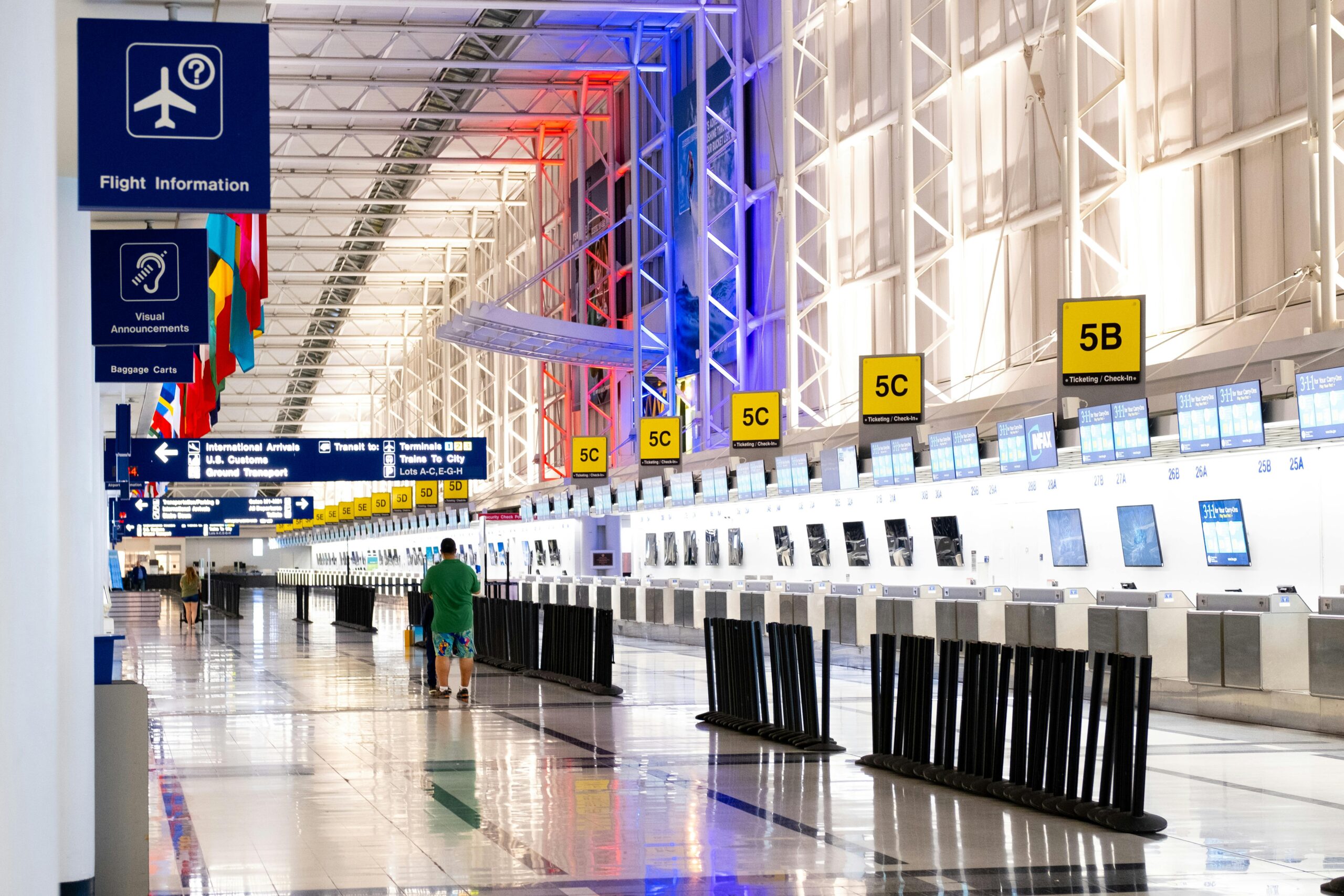 airport ground staff assisting passengers at a busy airport in the USA