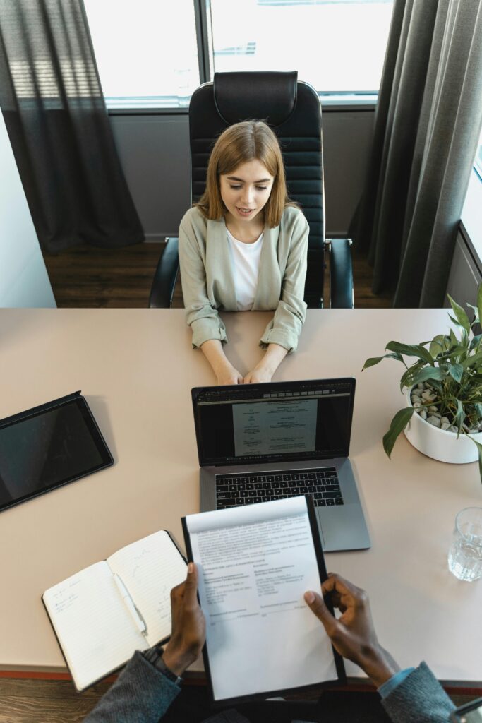 Job candidate confidently answering interview questions using structured STAR method technique